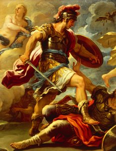 Figura de Enéas, detalhes de Enéas derrota Turnus, por Luca Giordano (1634-1705), óleo sobre tela