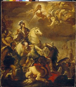 A Aparição da Cruz ao Imperador Constantino (Flauius Valerius Aurelius Constantinus, 272-306). (A Aparição da Cruz ao Imperador Constantino). Pintura de Luca Giordano (1632-1705), óleo sobre tela, cerca de 1680. Arte italiana (Nápoles) de Luca Giordano