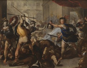 Perseu transformando Phineas e seus seguidores em pedra, no início da década de 1680 de Luca Giordano