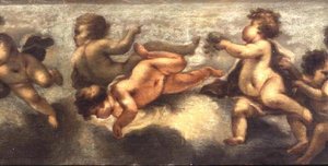 Putti disporting (papel sobre tela) (detalhe central) (ver também 67091-94) de Luca Giordano