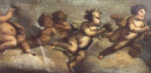 Putti disporting (papel sobre tela) (detalhe à esquerda) (ver também 67087-90) de Luca Giordano