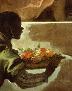 Servo apresentando um cesto de frutas, detalhe de Homenagem a Velázquez para o Conde de Santiesteban de Luca Giordano