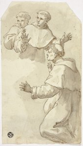 Três monges assustados, um ajoelhado, dois de pé de Luca Giordano