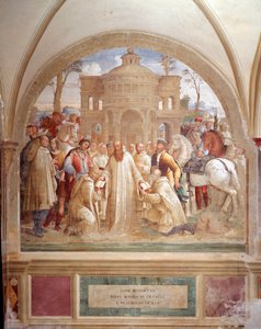 Bento envia Maurus na França e Placid na Sicília (Bento envia Maurus na França e Placid na Sicília) Fresco do claustro feito por Luca Signorelli recontando a vida de São Bento de Nursie (480 - 567) fundador da Ordem de Beneditino 1497- de Luca Signorelli