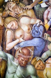 Amaldiçoado no inferno, detalhe com auto-retrato de Luca Signorelli disfarçado de demônio azul, do ciclo de afrescos do Juízo Final. de Luca Signorelli