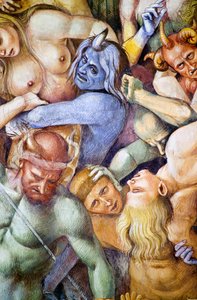 Amaldiçoado no inferno, detalhe com auto-retrato de Luca Signorelli disfarçado de demônio azul, do ciclo de afrescos do Juízo Final. de Luca Signorelli