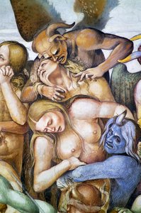 Amaldiçoado no inferno, detalhe com auto-retrato de Luca Signorelli disfarçado de demônio azul, do ciclo de afrescos do Juízo Final.