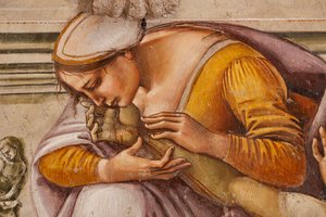 Lamentação do Cristo Morto entre os dois santos de Orvieto (S. Parenzo à direita e S. Faustino à esquerda), detalhe de Luca Signorelli