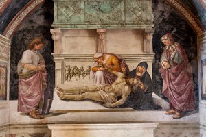 Lamentação do Cristo Morto entre os dois santos de Orvieto (S. Parenzo à direita e S. Faustino à esquerda) de Luca Signorelli