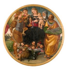 Madonna e criança entre santos Tondo Signorelli, 1510-1515. de Luca Signorelli