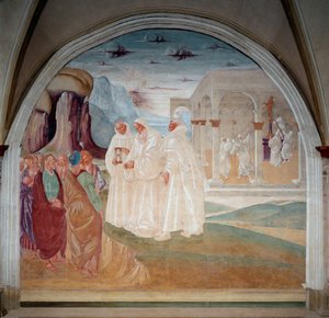 São Bento evangelizou os habitantes de Monte Cassino, ao fundo os monges abateram uma estátua de Apolo (Fresco de Luca Signorelli