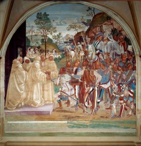 São Benedito de Nursia dando as boas-vindas a Totila (século VI) rei dos ostrogodos afresco do refeitório dos monges feito por Luca Signorelli recontando a vida de São Benedito de Nursie (480 - 567) fundador da Ordem dos Beneditinos. 1503 - 1508 Abadia de Luca Signorelli