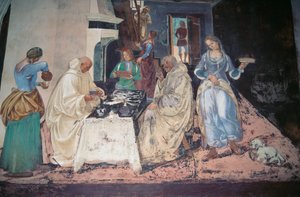 São Bento repreendendo dois monges que violaram a Regra, cena das Histórias de São Bento do Monte Oliveto Maggiore de Luca Signorelli