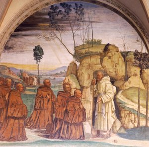 Histórias de São Bento, afrescos de Luca Signorelli (cerca de 1445-1523) no claustro de São Bento no Monte Oliveto, Siena, detalhe de Luca Signorelli