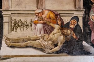 O interior, Capela Nova ou Capela de São Brizio, Capela dos Santos Corpos: "Lamento do Cristo Morto" entre os dois santos de Orvieto (S. Parenzo à direita e S. Faustino à esquerda), de Luca Signorelli de Luca Signorelli