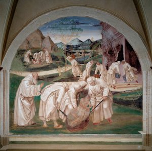 Os problemas de instalação dos monges em Monte cassino, São Bento tira um demônio de uma pedra, no fundo os monges encontram um ídolo no chão, outro grupo luta contra o fogo (Fresco de Luca Signorelli