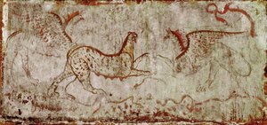 Uma luta entre um panthere e um grifo Lucanian fresco do século IV AC, do túmulo do Cavaleiro, necrópole de Paestum, Itália. Museo nazionale archeologico, Paestum