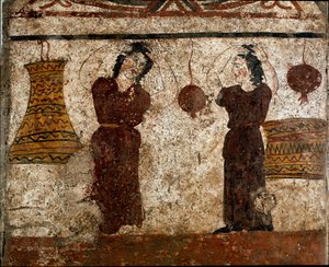 Um grupo de bailarinos durante um afresco de rito funerário Lucaniano do século IV a.C., da necrópole de Paestum, Itália. Museo nazionale archeologico, Paestum
