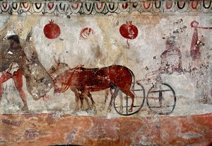 Um guarda-florestal e dois burros Lucanian fresco do século IV AC, da necrópole de Paestum, Itália. Museo nazionale archeologico, Paestum
