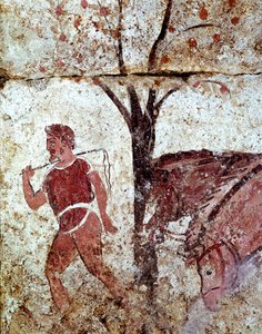 Um camponês puxando dois cavalos Lucanian fresco do século 4 aC, da necrópole de Paestum, Itália. Museo nazionale archeologico, Paestum