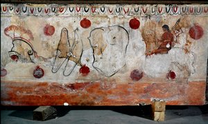 Um cavaleiro e os diferentes elementos da sua armadura afresco Lucaniano do século IV a.C., da necrópole de Paestum, Itália. Museo nazionale archeologico, Paestum