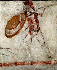 Um guerreiro com uma lança e um escudo Lucanian fresco do século 4 aC, do Túmulo do Cavaleiro, local de Paestum, Itália. Museo nazionale archeologico, Paestum