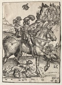 Um cavalheiro e uma senhora cavalgando para a perseguição de Lucas Cranach