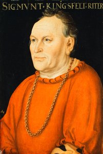 Retrato de Sigmunt Kingsfelt, meio comprimento, vestindo um traje vermelho,