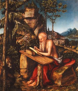São Jerônimo escrevendo em uma paisagem rochosa, c.1515 de Lucas Cranach