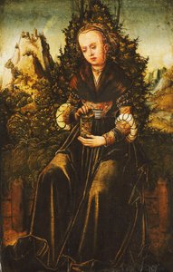 Santa Maria Madalena, sentada em uma beira gramada em uma paisagem montanhosa, de Lucas Cranach