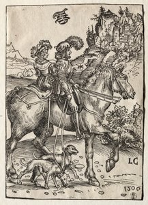 Um cavalheiro e uma senhora cavalgando até a perseguição, 1506. de Lucas Cranach the Elder