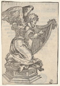 Uma estatueta de prata de um anjo tocando harpa, da grande série de Wittenberg Reliq ..., 1509. de Lucas Cranach the Elder
