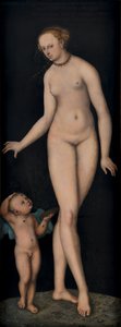 Alemão: Venus mit Amor als Honigdieb vor schwarzem Grund Vénus com Cupido como ladrão de mel sobre um fundo negro de Lucas Cranach the Elder