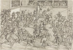 O segundo torneio com uma tapeçaria que representa Sansão e o Leão de Lucas Cranach the Elder