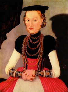 Alemão: Weibliches Bildnis / Bildnis einer Frau (eine geborene Hoffmann aus Leipzig) Retrato feminino / Portrait of a Woman (a Hoffmann by birth from Leipzig) de Lucas Cranach the Younger