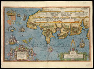 Carta da costa de Inglaterra com o mar decorado com navios e monstros