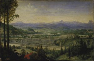 Vista de Linz com desenho de artista em primeiro plano, 1593. de Lucas Valckenborch van