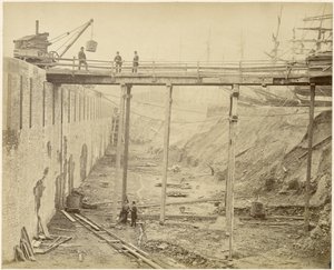 Construção da bacia expandida do Limehouse Basin, Londres, Maio de 1869 de Lucas and Tuck