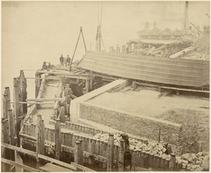 Construção da bacia expandida do Limehouse Basin, Londres, Maio de 1869 de Lucas and Tuck