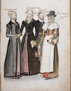 Quatro mulheres inglesas em trajes da era elisabetana: uma esposa de um cidadão de Londres, uma esposa de um cidadão rico de Londres, uma filha da esposa cidadã de Londres e uma camponesa, 