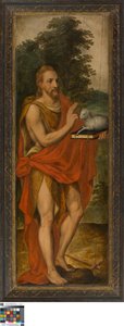João Batista (à esquerda), Doador (à direita), Vanitas (fechado), Lucas de Heere, Museu de Belas Artes de Gand, S-101, painel aberto à esquerda