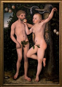 Adão e Eva. Pintura de Lucas Cranach o primeiro (1472-1553), cerca de 1538. Arte flamenga do século XVI. Galeria Nacional, Palácio Sternberg, Praga (República Checa).