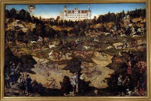 Caça em honra de Carlos V no Castelo de Torgau (Alemanha). Pintura de Lucas Cranach, o Ancião (1472-1553) de Lucas the Elder Cranach