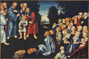La multiplication des dolins - The Miracle of the Five Loaves and Two Fishes, de Cranach, Lucas, o Ancião (1472-1553). Óleo sobre madeira. Dimensão : 82x120 cm. Nationalmuseum Stockholm de Lucas the Elder Cranach