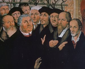 Martinho Lutero com representantes da Reforma Protestante, à direita Melanchthon, no centro Erasmus de Roterdão, detalhe da Ressurreição de Lázaro, pintura de Lucas Cranach Elder (1472-1553)