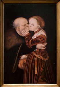 O velho idiota. Pintura de Lucas Cranach, o primeiro (1472-1553), cerca de 1530. Arte flamenga do século XVI. Galeria Nacional, Palácio Sternberg, Praga (República Checa).