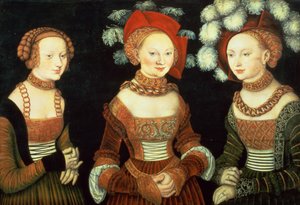 Três princesas da Saxônia, Sibylla (1515-92), Emilia (1516-91) e Sidonia (1518-75), filhas do duque Heinrich de Frommen, c.1535 (painel) de Lucas the Elder Cranach