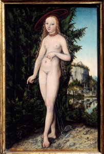 Venus Standing in a Landscape Painting by Lucas Cranach the Elder (1472-1553) 1529, Oil on Wood, Dim. 0,38x0,25 m - Vénus em pé numa paisagem. Pintura de Lucas Cranach, o Mais Velho (1472-1553)