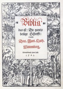 Página de título, com uma bela borda pictórica de "Biblia, isto é: Toda a sagrada escritura: Deudsch", traduzida por Martinho Lutero, 1560-1561