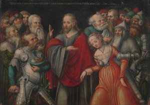 Cristo e a adúltera, c.1545-50 (óleo sobre faia) de Lucas the Younger studio of Cranach